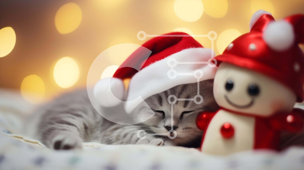 Intra Συλλεκτικό Ξύλινο Παζλ Plywood  4mm - Γκρίζο γατάκι που κοιμάται με καπέλο Άγιου Βασίλη στο διακοσμητικό παιχνίδι χιονάνθρωπος Σε Ξύλινο Κουτί - Διαστάσεις: 10x10 cm – 25 κομμάτια