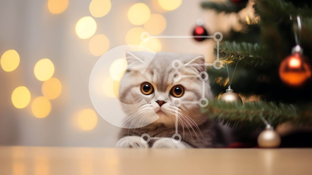 Intra Συλλεκτικό Ξύλινο Παζλ Plywood  4mm - Γκρίζα γάτα που κάθεται δίπλα στο χριστουγεννιάτικο δέντρο Σε Ξύλινο Κουτί - Διαστάσεις: 10x10 cm – 25 κομμάτια