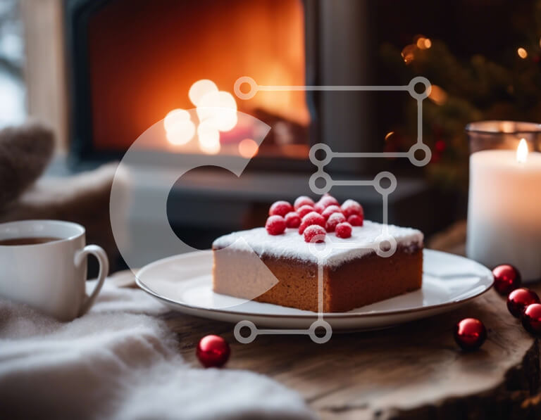 Σετ των 2 Intra Συλλεκτικό Ξύλινο Παζλ Plywood  4mm - Λευκό κέικ με κόκκινα μούρα και καφέ κοντά σε τζάκι Σε Ξύλινο Κουτί - Διαστάσεις: 10x10 cm – 25 κομμάτια