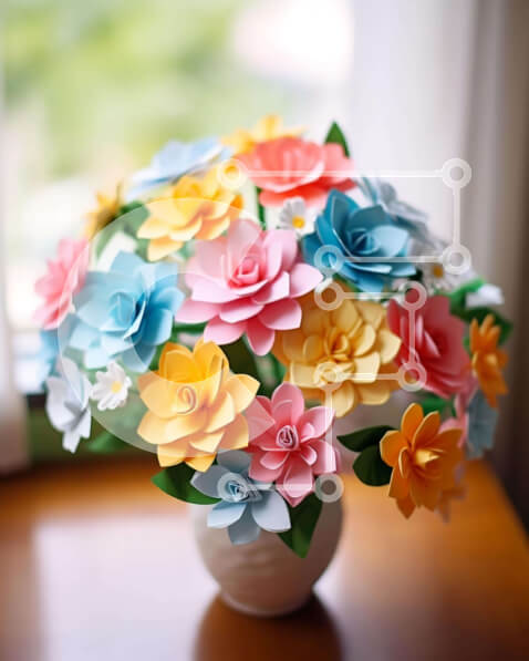 Intra Συλλεκτικό Ξύλινο Παζλ Plywood  4mm - Πολύχρωμα χάρτινα λουλούδια σε λευκό βάζο σε ανοιχτό παράθυρο Σε Ξύλινο Κουτί - Διαστάσεις Puzzle: 10x10 cm – 25 κομμάτια