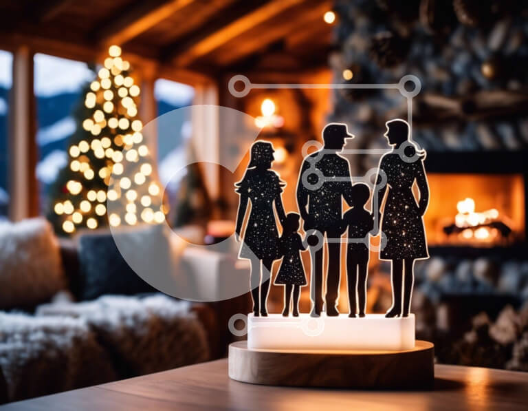 Intra Συλλεκτικό Ξύλινο Παζλ Plywood  4mm - Σκιαγραφημένη οικογένεια μπροστά από το φωτισμένο χριστουγεννιάτικο δέντρο Σε Ξύλινο Κουτί - Διαστάσεις: 10x10 cm – 25 κομμάτια