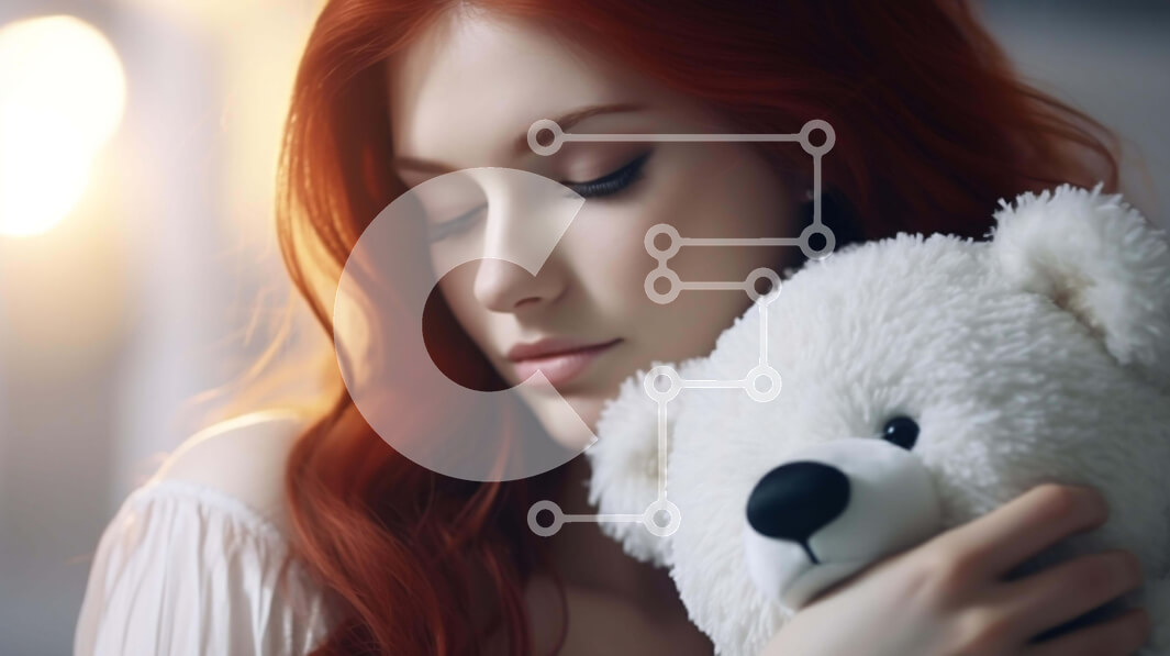 Intra Συλλεκτικό Ξύλινο Παζλ Plywood  4mm - Στοργική νεαρή γυναίκα με κόκκινα μαλλιά που αγκαλιάζει το μεγάλο λευκό αρκουδάκι Σε Ξύλινο Κουτί - Διαστάσεις Puzzle: 10x10 cm – 25 κομμάτια