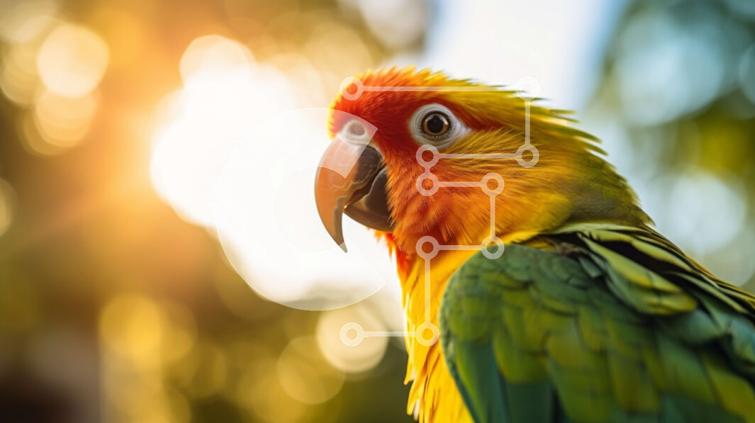 Intra Συλλεκτικό Ξύλινο Παζλ Plywood  4mm - Πολύχρωμος παπαγάλος που στέκεται στην πέρκα σε τροπικό περιβάλλον Σε Ξύλινο Κουτί - Διαστάσεις: 10x10 cm – 25 κομμάτια