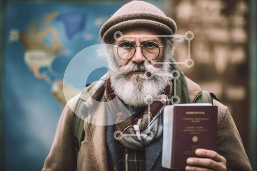 Intra Συλλεκτικό Ξύλινο Παζλ Plywood  4mm - Πορτρέτο ενός ηλικιωμένου άνδρα που κρατά διαβατήριο μπροστά από τον παγκόσμιο χάρτη Σε Ξύλινο Κουτί - Διαστάσεις Puzzle: 10x10 cm – 25 κομμάτια