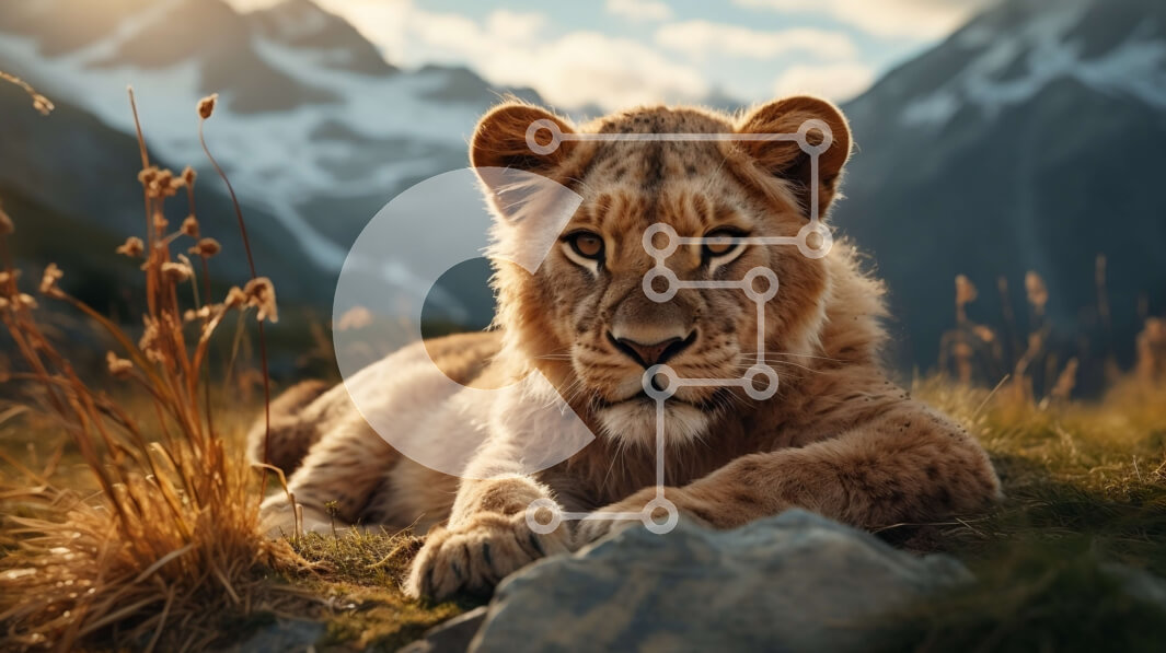 Intra Συλλεκτικό Ξύλινο Παζλ Plywood  4mm - Λιοντάρι που χαλαρώνει στο γρασίδι με φόντο το βουνό Σε Ξύλινο Κουτί - Διαστάσεις: 10x10 cm – 25 κομμάτια