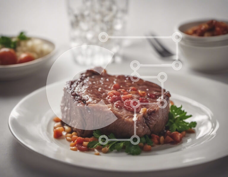 Σετ των 2 Intra Συλλεκτικό Ξύλινο Παζλ Plywood  4mm - Νόστιμη μπριζόλα με λαχανικά και βότανα σε λευκό πιάτο Σε Ξύλινο Κουτί - Διαστάσεις: 10x10 cm – 25 κομμάτια