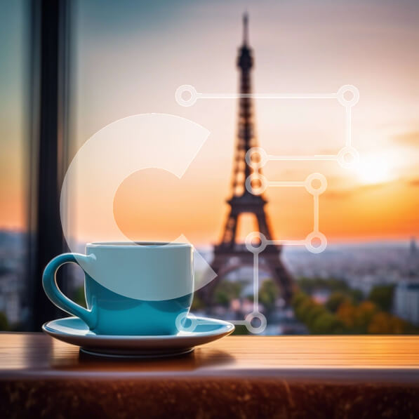 Intra Συλλεκτικό Ξύλινο Παζλ Plywood  4mm - Μπλε φλιτζάνι καφέ μπροστά από τον Πύργο του Άιφελ στο ηλιοβασίλεμα Σε Ξύλινο Κουτί - Διαστάσεις Puzzle: 10x10 cm – 25 κομμάτια