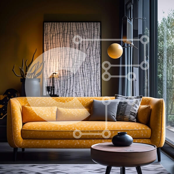 Intra Συλλεκτικό Ξύλινο Παζλ Plywood  4mm - Εσωτερική έμπνευση: Μοντέρνο σαλόνι με κίτρινο καναπέ Σε Ξύλινο Κουτί - Διαστάσεις Puzzle: 10x10 cm – 25 κομμάτια