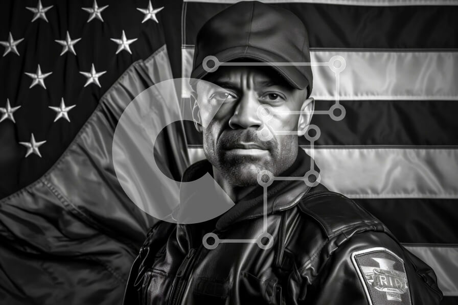 Intra Συλλεκτικό Ξύλινο Παζλ Plywood  4mm - Ασπρόμαυρο πορτρέτο ενός άνδρα που στέκεται μπροστά από την αμερικανική σημαία Σε Ξύλινο Κουτί - Διαστάσεις Puzzle: 10x10 cm – 25 κομμάτια