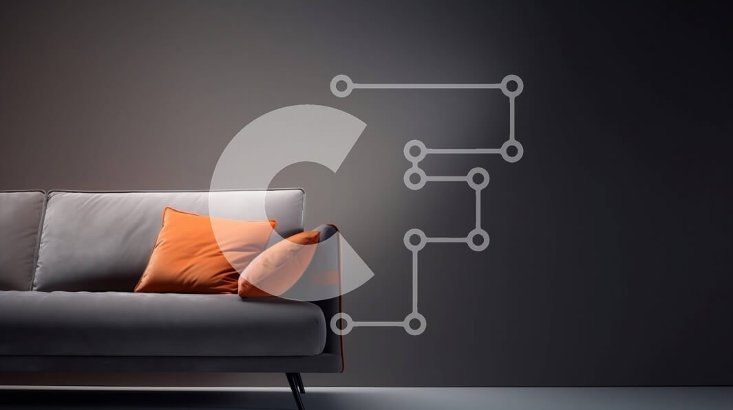 Intra Συλλεκτικό Ξύλινο Παζλ Plywood  4mm - Γκρι καναπές με πορτοκαλί μαξιλάρια σε ένα μοντέρνο σαλόνι Σε Ξύλινο Κουτί - Διαστάσεις Puzzle: 10x10 cm – 25 κομμάτια