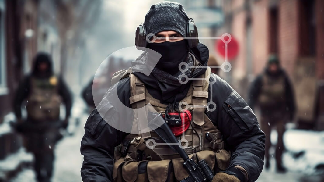 Intra Συλλεκτικό Ξύλινο Παζλ Plywood  4mm - Εικόνα ενός στρατιώτη με στρατιωτικό εξοπλισμό που περπατά σε μια χιονισμένη οδό Σε Ξύλινο Κουτί - Διαστάσεις Puzzle: 10x10 cm – 25 κομμάτια