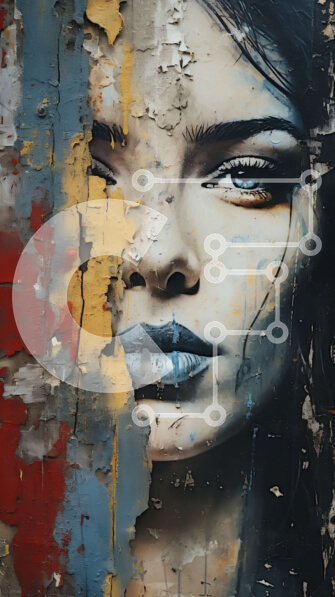 Intra Συλλεκτικό Ξύλινο Παζλ Plywood  4mm - Γυναίκα με βαμμένο πρόσωπο με κόκκινο φόρεμα που στέκεται μπροστά από τον κατεστραμμένο τοίχο Σε Ξύλινο Κουτί - Διαστάσεις Puzzle: 10x10 cm – 25 κομμάτια