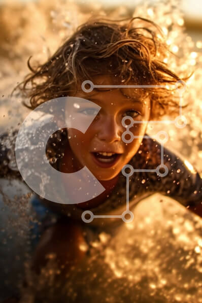 Intra Συλλεκτικό Ξύλινο Παζλ Plywood  4mm - Χαρούμενο νεαρό αγόρι που παίζει στο νερό στο ηλιοβασίλεμα Σε Ξύλινο Κουτί - Διαστάσεις Puzzle: 10x10 cm – 25 κομμάτια