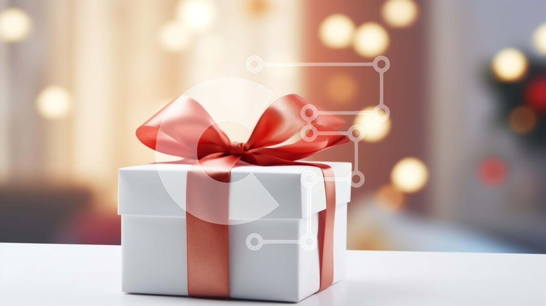 Intra Συλλεκτικό Ξύλινο Παζλ Plywood  4mm - Λευκό κουτί δώρου με κόκκινη κορδέλα στο τραπέζι με πολύχρωμα φώτα Σε Ξύλινο Κουτί - Διαστάσεις: 10x10 cm – 25 κομμάτια