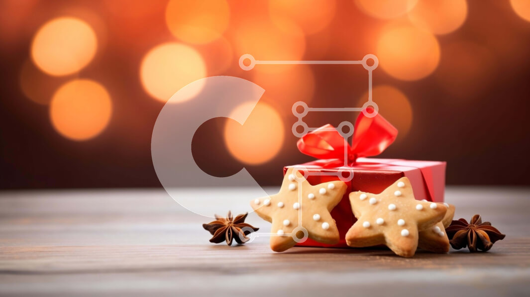 Intra Συλλεκτικό Ξύλινο Παζλ Plywood  4mm - Κόκκινο κουτί δώρου με μπισκότα σε σχήμα αστεριού και γλυκάνισο σε ξύλινο τραπέζι Σε Ξύλινο Κουτί - Διαστάσεις: 10x10 cm – 25 κομμάτια