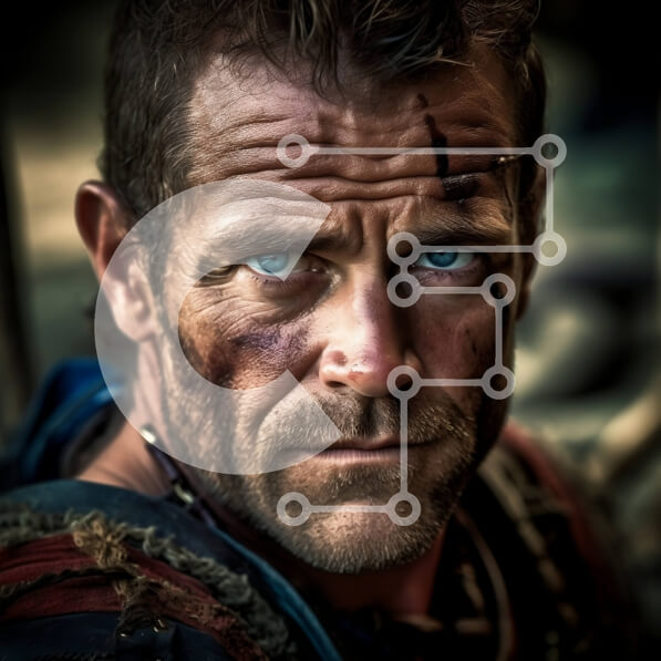 Intra Συλλεκτικό Ξύλινο Παζλ Plywood  4mm - Έντονο πορτρέτο ενός τραχύ άνδρα με διαπεραστικά μπλε μάτια και ένα μεγάλο σπαθί Σε Ξύλινο Κουτί - Διαστάσεις Puzzle: 10x10 cm – 25 κομμάτια