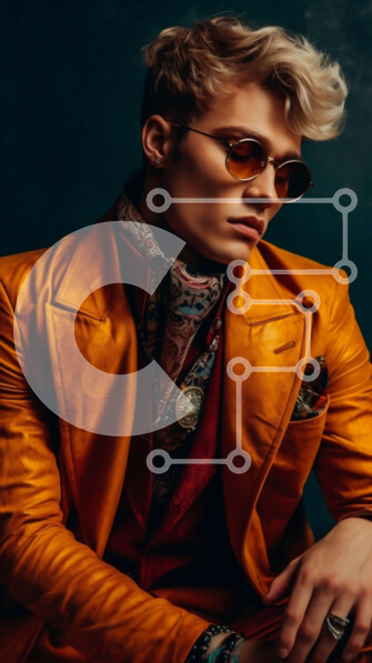 Intra Συλλεκτικό Ξύλινο Παζλ Plywood  4mm - Κομψός άνδρας με πορτοκαλί σακάκι και γυαλιά ηλίου που κάθεται σε μια καρέκλα Σε Ξύλινο Κουτί - Διαστάσεις Puzzle: 10x10 cm – 25 κομμάτια