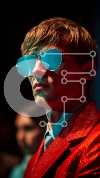 Intra Συλλεκτικό Ξύλινο Παζλ Plywood  4mm - Σοβαρός άνδρας στη σκηνή με κόκκινα γυαλιά ηλίου και σακάκι Σε Ξύλινο Κουτί - Διαστάσεις Puzzle: 10x10 cm – 25 κομμάτια