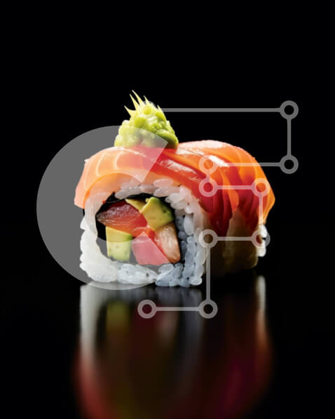 Σετ των 2 Intra Συλλεκτικό Ξύλινο Παζλ Plywood  4mm - Νόστιμη εικόνα του ρολού σούσι σολομού και αβοκάντο σε μαύρο φόντο Σε Ξύλινο Κουτί - Διαστάσεις: 10x10 cm – 25 κομμάτια