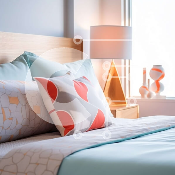 Intra Συλλεκτικό Ξύλινο Παζλ Plywood  4mm - Κομψό υπνοδωμάτιο με μπλε και πορτοκαλί συνδυασμό χρωμάτων και ριγέ αναπαυτικό Σε Ξύλινο Κουτί - Διαστάσεις Puzzle: 10x10 cm – 25 κομμάτια