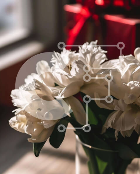 Intra Συλλεκτικό Ξύλινο Παζλ Plywood  4mm - Λευκό μπουκέτο λουλουδιών σε διαφανές γυάλινο βάζο με κόκκινο κουτί δώρου Σε Ξύλινο Κουτί - Διαστάσεις Puzzle: 10x10 cm – 25 κομμάτια