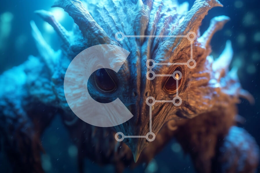 Intra Συλλεκτικό Ξύλινο Παζλ Plywood  4mm - Κοντινό πλάνο του προσώπου του πλάσματος με αιχμηρά δόντια που φωτίζονται από το μπλε φως Σε Ξύλινο Κουτί - Διαστάσεις: 10x10 cm – 25 κομμάτια