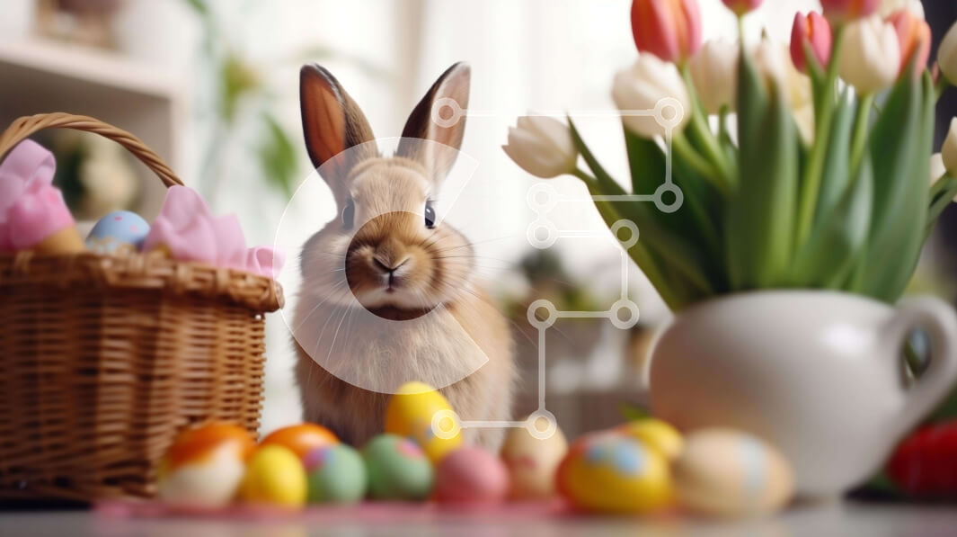 Intra Συλλεκτικό Ξύλινο Παζλ Plywood  4mm - Πασχαλινό λαγουδάκι με αυγά και τουλίπες στο πασχαλινό καλάθι Σε Ξύλινο Κουτί - Διαστάσεις: 10x10 cm – 25 κομμάτια