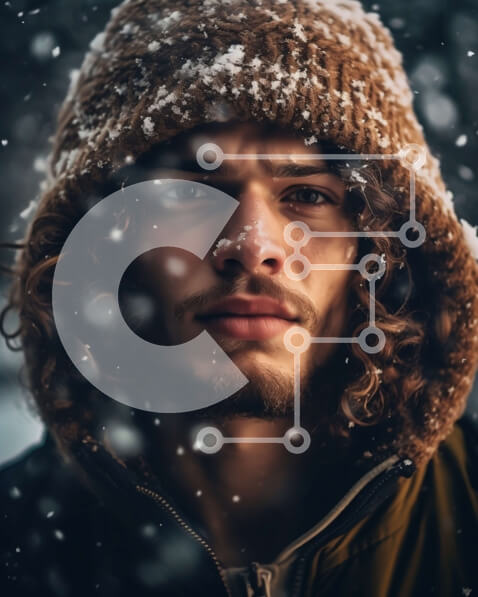 Intra Συλλεκτικό Ξύλινο Παζλ Plywood  4mm - Σοβαρός νεαρός άνδρας με καφέ κουκούλα που στέκεται στο χιόνι Σε Ξύλινο Κουτί - Διαστάσεις Puzzle: 10x10 cm – 25 κομμάτια