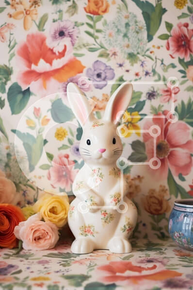 Intra Συλλεκτικό Ξύλινο Παζλ Plywood  4mm - Λευκό ειδώλιο λαγουδάκι μπροστά από πολύχρωμη φλοράλ ταπετσαρία Σε Ξύλινο Κουτί - Διαστάσεις: 10x10 cm – 25 κομμάτια