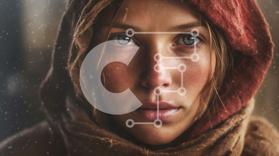 Intra Συλλεκτικό Ξύλινο Παζλ Plywood  4mm - Σοβαρό πορτρέτο μιας γυναίκας που φορά έναν κόκκινο μανδύα με κουκούλα και ένα καφέ μαντήλι Σε Ξύλινο Κουτί - Διαστάσεις Puzzle: 10x10 cm – 25 κομμάτια