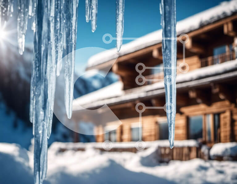 Intra Συλλεκτικό Ξύλινο Παζλ Plywood  4mm - Χειμερινή σκηνή: παγάκια σε ένα ξύλινο σπίτι στα βουνά Σε Ξύλινο Κουτί - Διαστάσεις: 10x10 cm – 25 κομμάτια