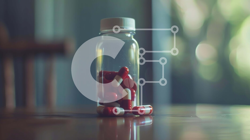 Intra Συλλεκτικό Ξύλινο Παζλ Plywood  4mm - Γυάλινο μπουκάλι με κόκκινα και άσπρα χάπια Σε Ξύλινο Κουτί - Διαστάσεις Puzzle: 10x10 cm – 25 κομμάτια