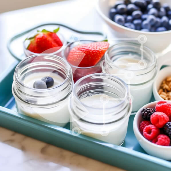 Σετ των 2 Intra Συλλεκτικό Ξύλινο Παζλ Plywood  4mm - Μπλε δίσκος με γιαούρτι, μούρα και σνακ Σε Ξύλινο Κουτί - Διαστάσεις: 10x10 cm – 25 κομμάτια