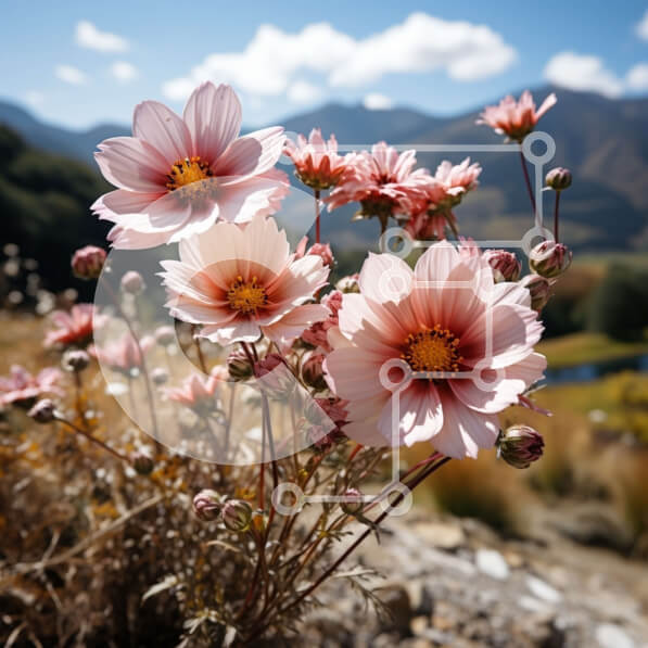 Intra Συλλεκτικό Ξύλινο Παζλ Plywood  4mm - Εκπληκτική εικόνα με ροζ λουλούδια σε ένα ορεινό τοπίο Σε Ξύλινο Κουτί - Διαστάσεις: 10x10 cm – 25 κομμάτια