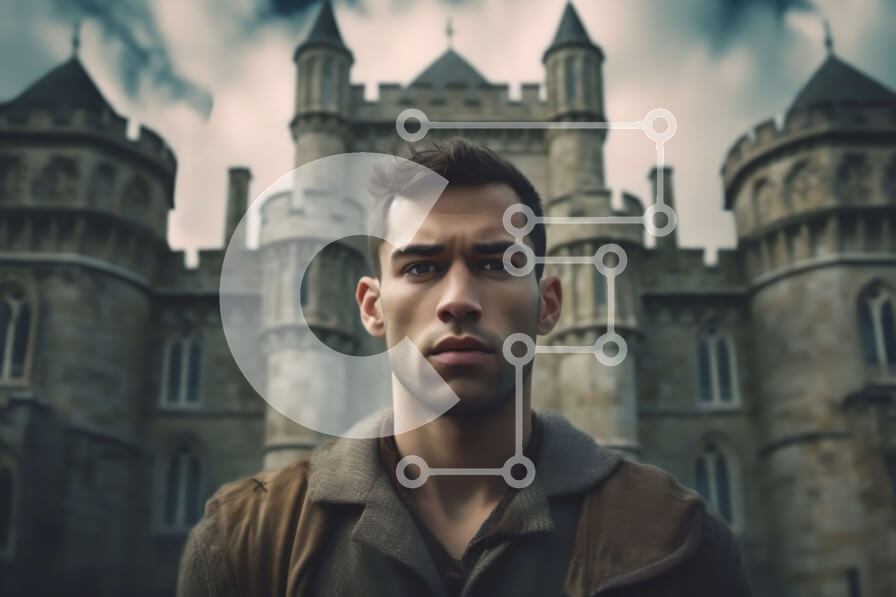 Intra Συλλεκτικό Ξύλινο Παζλ Plywood  4mm - Σοβαρός άνδρας που στέκεται μπροστά από ένα παλιό κάστρο με συννεφιασμένο ουρανό Σε Ξύλινο Κουτί - Διαστάσεις Puzzle: 10x10 cm – 25 κομμάτια