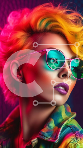 Intra Συλλεκτικό Ξύλινο Παζλ Plywood  4mm - Μοντέλο μόδας με πολύχρωμα μαλλιά και στολή σε νέον αστικό τοπίο Σε Ξύλινο Κουτί - Διαστάσεις Puzzle: 10x10 cm – 25 κομμάτια