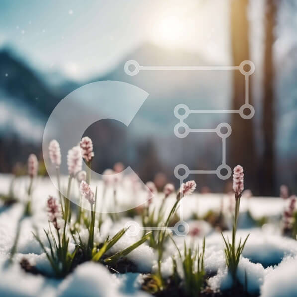 Intra Συλλεκτικό Ξύλινο Παζλ Plywood  4mm - Χιονισμένο χωράφι με ροζ λουλούδια και βουνά Σε Ξύλινο Κουτί - Διαστάσεις: 10x10 cm – 25 κομμάτια