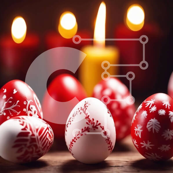 Intra Συλλεκτικό Ξύλινο Παζλ Plywood  4mm - Κόκκινα και άσπρα διακοσμημένα πασχαλινά αυγά με κεριά Σε Ξύλινο Κουτί - Διαστάσεις: 10x10 cm – 25 κομμάτια