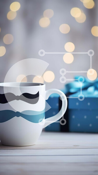 Intra Συλλεκτικό Ξύλινο Παζλ Plywood  4mm - Λευκό φλιτζάνι καφέ με σχέδια σε μαύρο και μπλε μουστάκι και κουτιά δώρου Σε Ξύλινο Κουτί - Διαστάσεις Puzzle: 10x10 cm – 25 κομμάτια