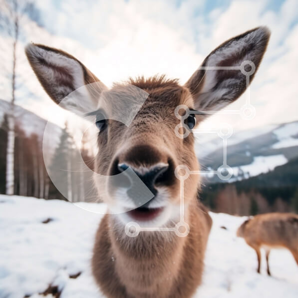 Intra Συλλεκτικό Ξύλινο Παζλ Plywood  4mm - Άποψη από κοντά του προσώπου ενός ελαφιού στο χιονισμένο ορεινό τοπίο Σε Ξύλινο Κουτί - Διαστάσεις: 10x10 cm – 25 κομμάτια