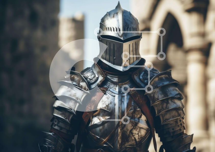 Intra Συλλεκτικό Ξύλινο Παζλ Plywood  4mm - Ιππότης με πανοπλία που στέκεται μπροστά από το αρχαίο κτίριο Σε Ξύλινο Κουτί - Διαστάσεις Puzzle: 10x10 cm – 25 κομμάτια