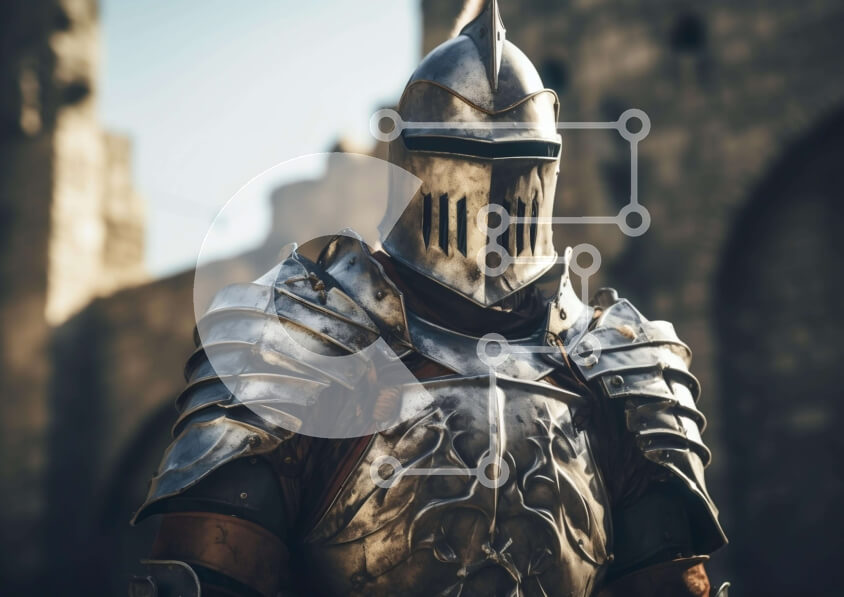 Intra Συλλεκτικό Ξύλινο Παζλ Plywood  4mm - Ιππότης με πανοπλία που στέκεται μπροστά από το παλιό κτίριο Σε Ξύλινο Κουτί - Διαστάσεις Puzzle: 10x10 cm – 25 κομμάτια