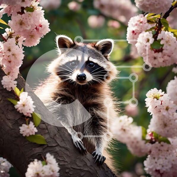 Intra Συλλεκτικό Ξύλινο Παζλ Plywood  4mm - Περίεργο ρακούν σε ανθισμένο κλαδί βελανιδιάς Σε Ξύλινο Κουτί - Διαστάσεις: 10x10 cm – 25 κομμάτια