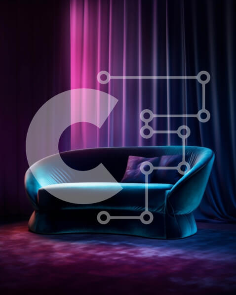 Intra Συλλεκτικό Ξύλινο Παζλ Plywood  4mm - Κομψός μπλε καναπές με εντυπωσιακό ροζ και μωβ φωτισμό Σε Ξύλινο Κουτί - Διαστάσεις Puzzle: 10x10 cm – 25 κομμάτια