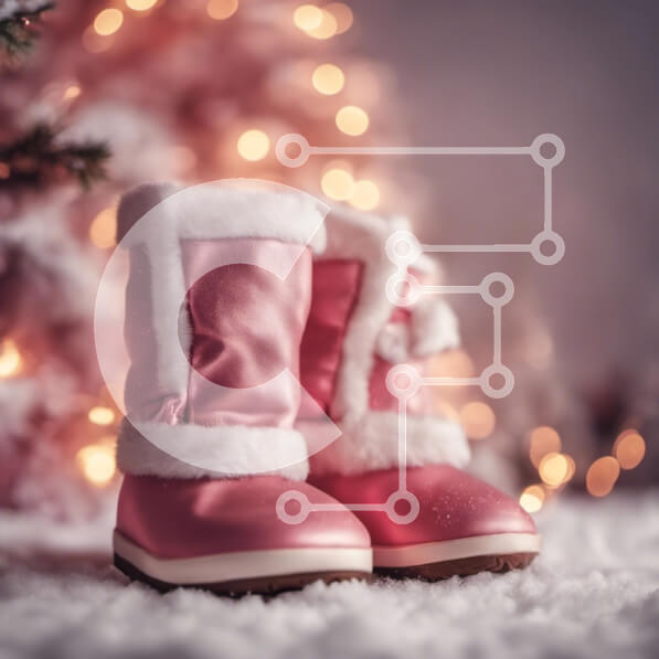 Intra Συλλεκτικό Ξύλινο Παζλ Plywood  4mm - Ροζ μπότες χιονιού με φόντο το χριστουγεννιάτικο δέντρο Σε Ξύλινο Κουτί - Διαστάσεις Puzzle: 10x10 cm – 25 κομμάτια