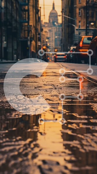 Intra Συλλεκτικό Ξύλινο Παζλ Plywood  4mm - Όμορφη φωτογραφία ενός δρόμου της πόλης το σούρουπο με ψηλά κτίρια και αυτοκίνητα Σε Ξύλινο Κουτί - Διαστάσεις Puzzle: 10x10 cm – 25 κομμάτια