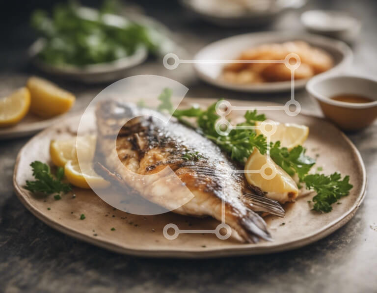 Σετ των 2 Intra Συλλεκτικό Ξύλινο Παζλ Plywood  4mm - Νόστιμα μαγειρεμένα ψάρια με φέτες λεμονιού και μαϊντανό σε ένα πιάτο Σε Ξύλινο Κουτί - Διαστάσεις: 10x10 cm – 25 κομμάτια