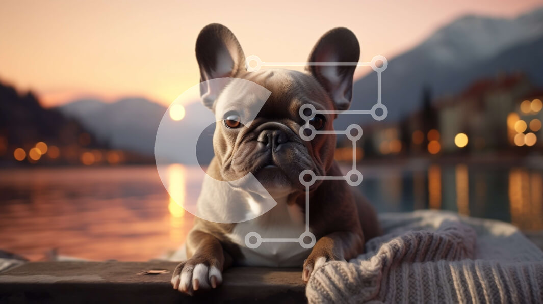 Intra Συλλεκτικό Ξύλινο Παζλ Plywood  4mm - Γαλλικό μπουλντόγκ στην ξύλινη αποβάθρα στο ηλιοβασίλεμα Σε Ξύλινο Κουτί - Διαστάσεις: 10x10 cm – 25 κομμάτια