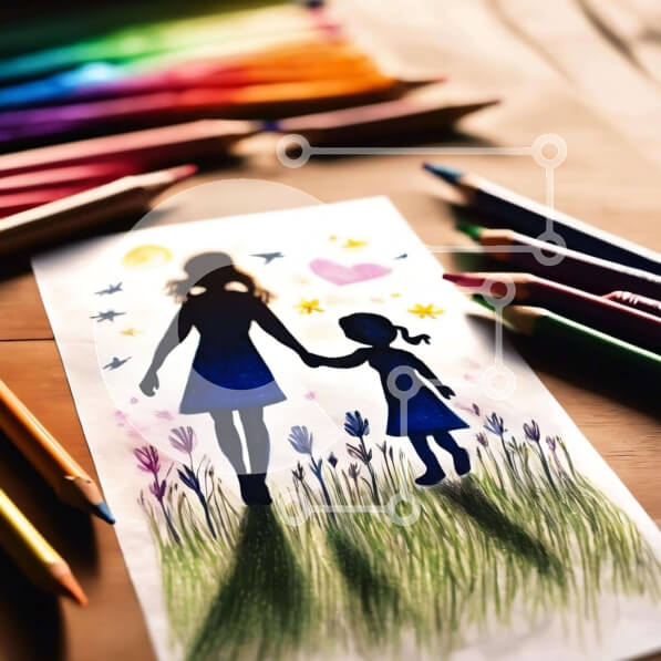 Intra Συλλεκτικό Ξύλινο Παζλ Plywood  4mm - Μητέρα και κόρη που κρατούν τα χέρια που σχεδιάζουν με χρωματιστά μολύβια Σε Ξύλινο Κουτί - Διαστάσεις Puzzle: 10x10 cm – 25 κομμάτια