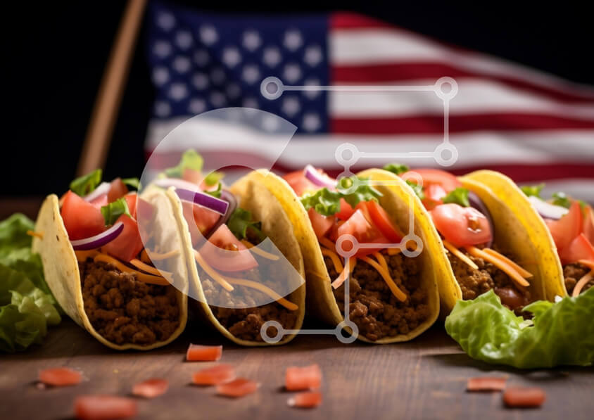 Σετ των 2 Intra Συλλεκτικό Ξύλινο Παζλ Plywood  4mm - Tacos σε ξύλινο τραπέζι με φόντο αμερικανικής σημαίας Σε Ξύλινο Κουτί - Διαστάσεις: 10x10 cm – 25 κομμάτια